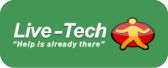 Logo for Live-Tech on a green background, featuring italic white text “Live–Tech” with the tagline “Help is already there” and a red-and-yellow human figure emblem on the right.